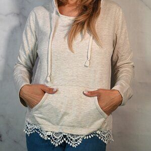 Oatmeal Hoodie with Crochet Lace Trim - Size Large